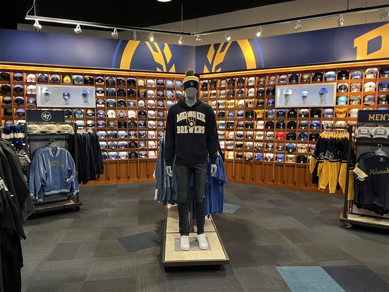 Brewers Team Store storefront and hat wall