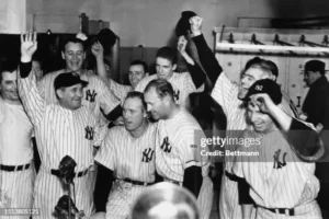 1938 World Series celebration with New York Yankees players after sweeping Chicago Cubs