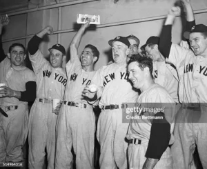 1949 World Series celebration with Yankees players and Casey Stengel after defeating Brooklyn Dodgers