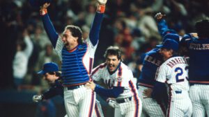1986 New York Mets World Series celebration at Shea Stadium with players and fans