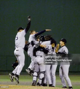 New York Yankees celebrating their 1999 World Series championship sweep over the Atlanta Braves