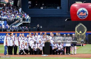New York Mets 40th anniversary celebration with championship banners and franchise milestone displays