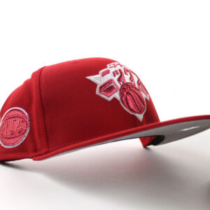 New Era New York Knicks fitted hat Scarlet Red Gray Under Brim colorway - New Era Drops Fire Knicks Fitted with Katakana Japan Hyperfly Design
