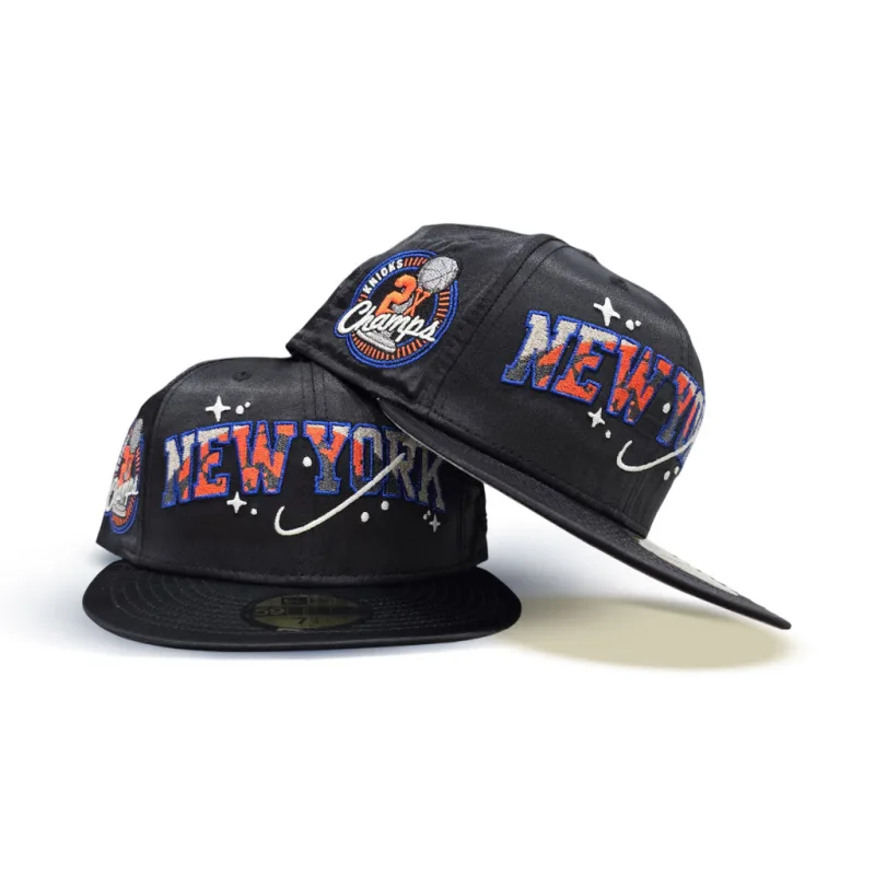 New Era New York Knicks fitted hat black, gray colorway - New Era Drops Satin Black Knicks Fitted with Championship Side Patch