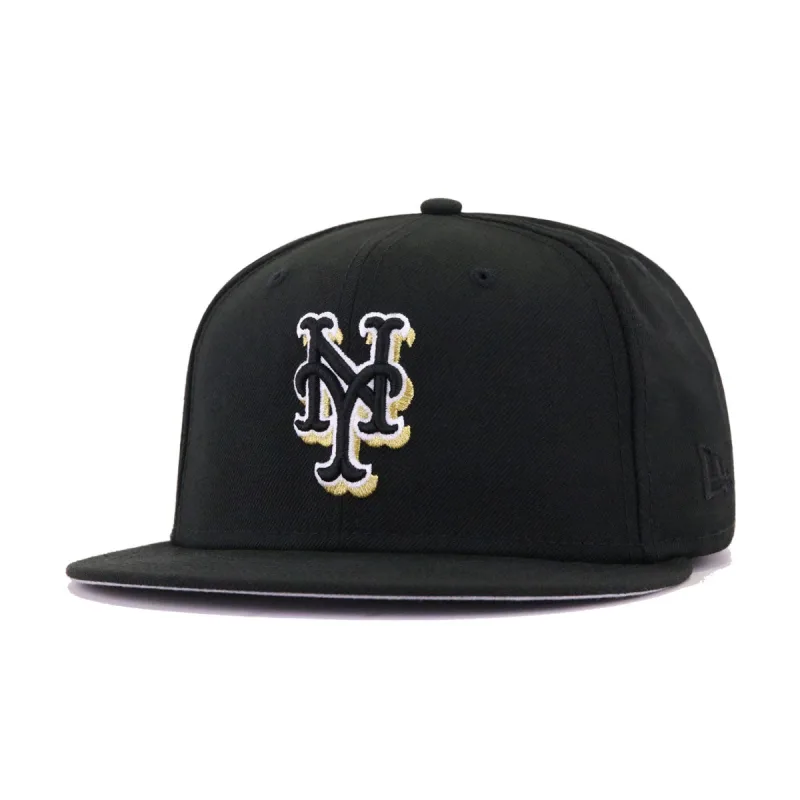 New Era New York Mets fitted hat black, gold colorway - 25th Anniversary Fitted: New Era Celebrates Mets Milestone with Black Metallic Gold 59FIFTY