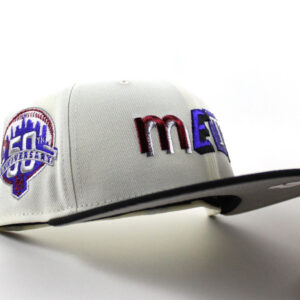 New Era New York Mets fitted hat Chrome White Black Gray Under Brim colorway - 50th Anniversary Fitted: New Era Drops Chrome White Mets DeathNote Logo Tribute