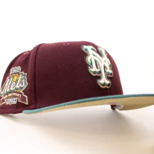 New Era New York Mets fitted hat MAROON PINE NEEDLE GREEN KHAKI Under Brim colorway - Amazin’ Anniversary Fitted: New Era Celebrates 40 Years of Mets History in Maroon and Pine