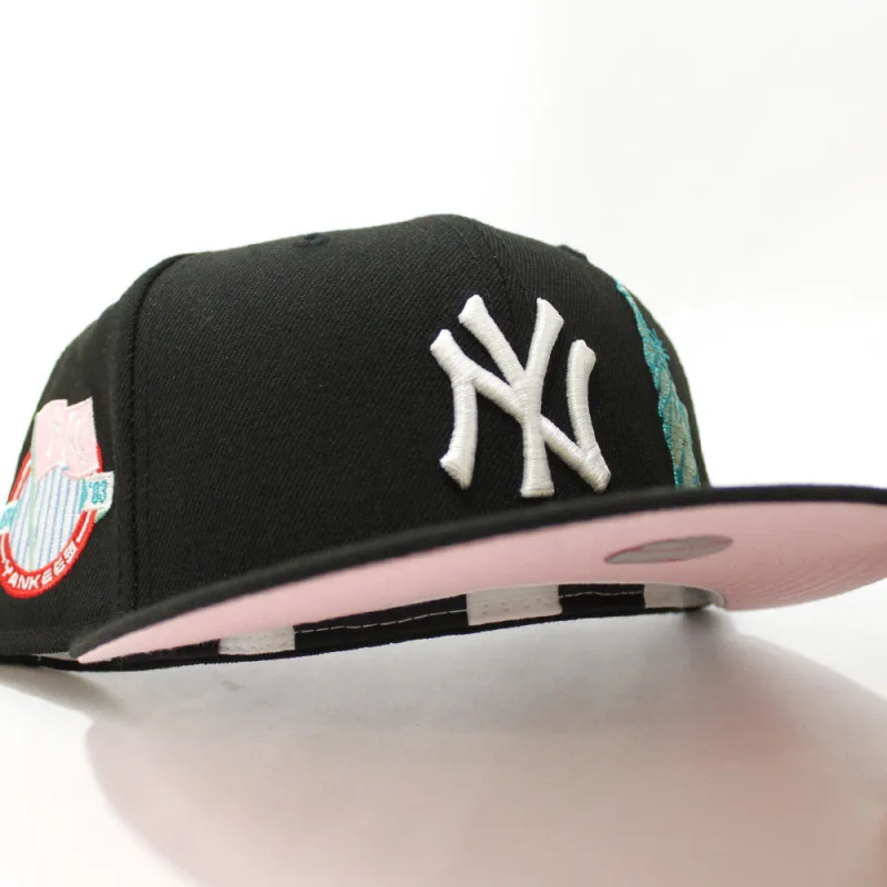 New Era New York Yankees fitted hat BLACK Pink Under Brim colorway - Yankees Fitted Gets Patriotic Upgrade with Statue of Liberty Team Flag Patch