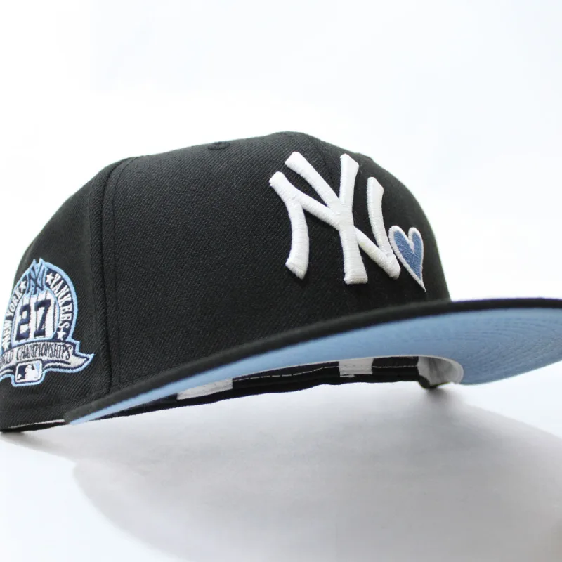 New Era New York Yankees fitted hat Black Sky Blue Under Brim colorway - Yankees Fitted Celebrates 27 Championships with Sky Blue Under Brim