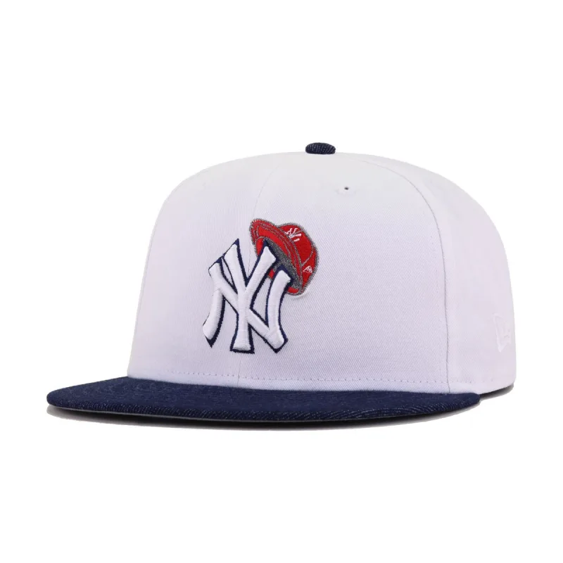 New Era New York Yankees fitted hat navy, white, red, light navy, silver colorway - Yankees Drop Clean White Denim Fitted with Light Navy Accents