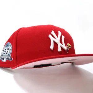 New Era New York Yankees fitted hat Red Pink Under Brim colorway - PIZZA Drops Yankees Fitted Celebrating 27 Championships in Bold Red