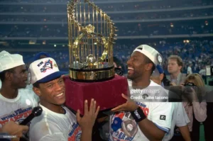 Joe Carter celebrating his walk-off home run in Game 6 of the 1993 World Series at SkyDome