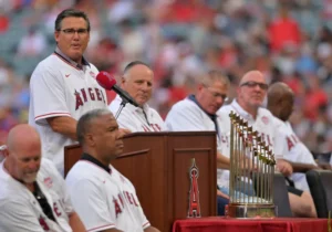 Los Angeles Angels 40th anniversary celebration with team logo and historical timeline