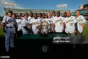 Oakland Athletics 50th Anniversary celebration ceremony at Oakland Coliseum with legendary players