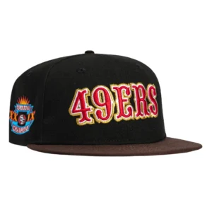 New Era San Francisco 49ers fitted hat Black, Brown colorway - Dynasty Fitted: New Era’s 49ers 1995 Super Bowl Champions Word Hat in Black/Brown