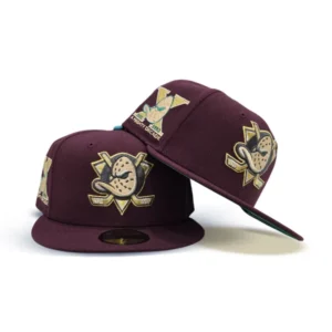 New Era Anaheim Ducks fitted hat gray, green, maroon colorway - Anaheim Ducks Drop Vintage-Inspired Fitted with Mighty Decade Patch