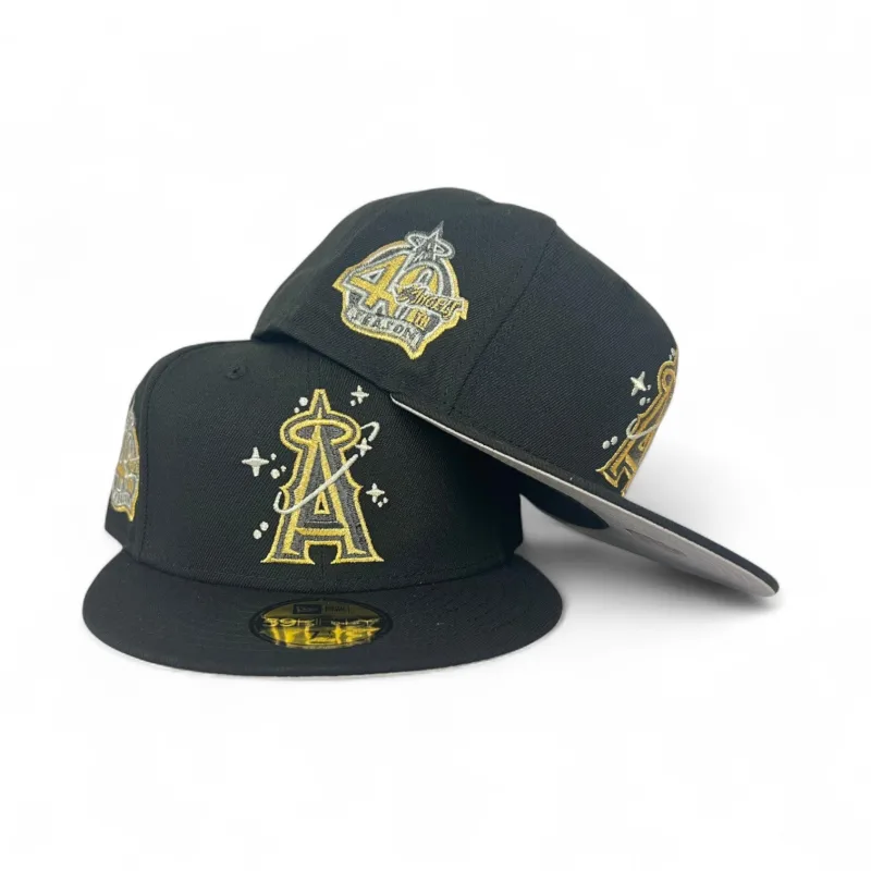 New Era Los Angeles Angels fitted hat black, gray, gold colorway - Angels Drop Fire Black and Gold Fitted with 40th Season Patch