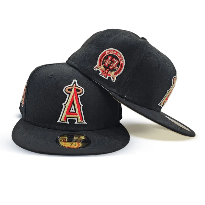 New Era Los Angeles Angels fitted hat black, tan, vegas gold, gold colorway - Angels Drop Sleek Black Fitted with Ohtani Side Patch