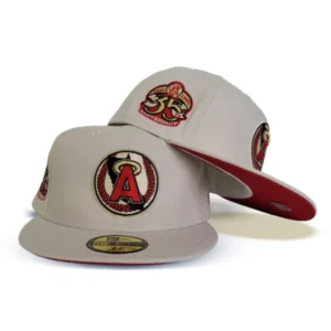 New Era Los Angeles Angels fitted hat red, cream colorway - Angels 35th Anniversary Fitted: New Era Celebrates Halos Heritage with Cream Colorway