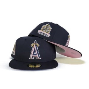 New Era Los Angeles Angels fitted hat navy, blue, pink colorway - Angels Drop Clean Navy Fitted with 50th Anniversary Stadium Patch