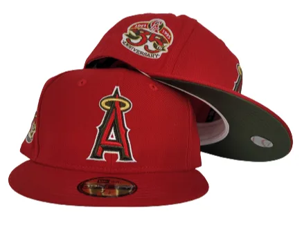 New Era Los Angeles Angels fitted hat red, green, olive colorway - Angels 35th Anniversary Fitted: New Era Drops Red and Olive Green Tribute