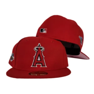 New Era Los Angeles Angels fitted hat red, pink colorway - 2002 World Series Fitted: New Era Drops Angels Championship Red Pink Bottom 59FIFTY