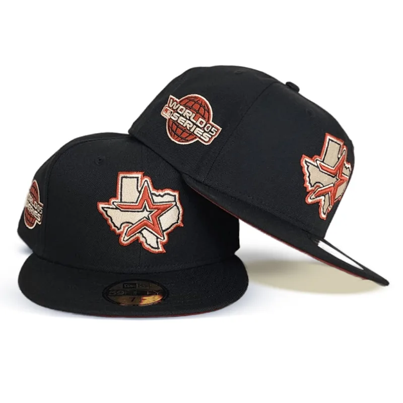 New Era Houston Astros fitted hat black, red colorway - 2005 World Series Fitted: New Era’s Black Astros Championship Tribute with Brick Red Bottom