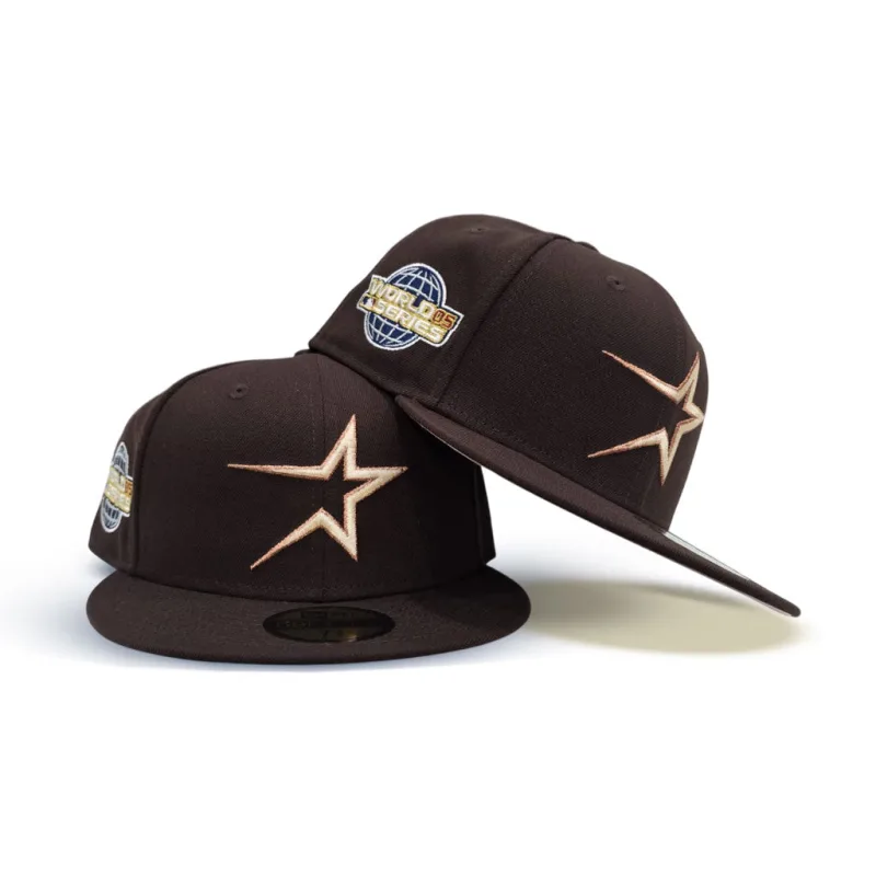 New Era Houston Astros fitted hat pink, brown colorway - 2005 World Series Fitted: New Era’s Dark Brown Astros Pink Bottom Commemorates Historic Heartbreak
