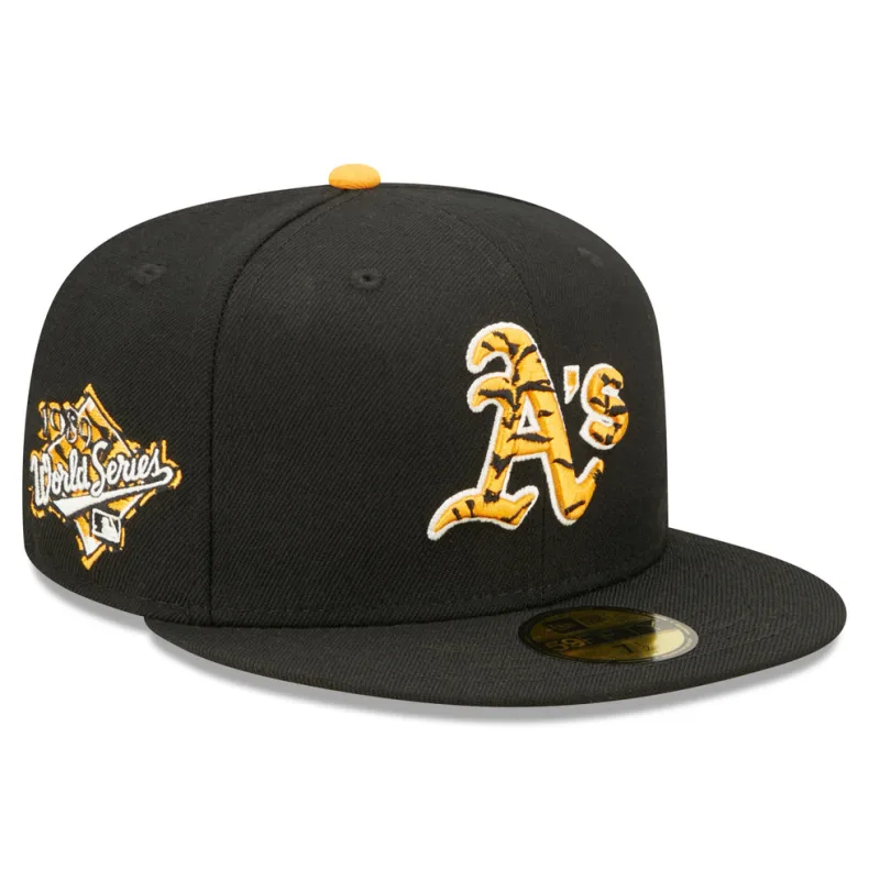 New Era Oakland Athletics fitted hat black, orange colorway - 1989 World Series Fitted: New Era’s Earthquake Series Tribute Honors A’s Championship