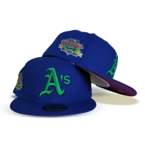 New Era Oakland Athletics fitted hat blue, purple, royal colorway - 1989 World Series Fitted: New Era’s Royal Blue A’s Championship Tribute with Grape Purple Bottom