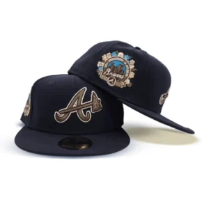 New Era Atlanta Braves fitted hat navy, blue, green, tan colorway - 40th Anniversary Fitted: New Era Celebrates Atlanta Braves Milestone with Botanical Side Patch