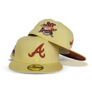 New Era Atlanta Braves fitted hat orange, yellow colorway - Atlanta Braves Drop Fire Soft Yellow Fitted with 30th Season Side Patch