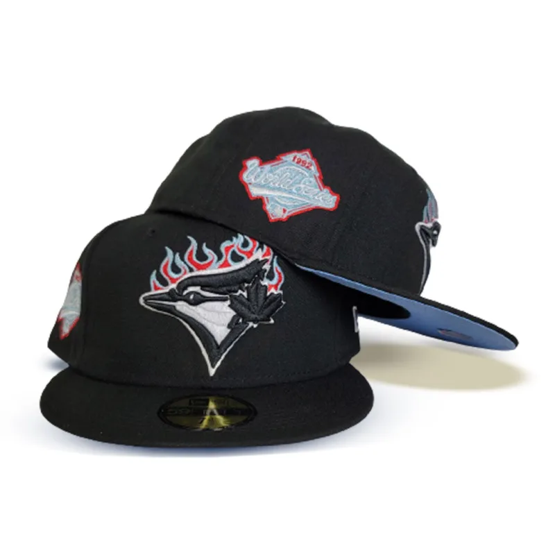 New Era Toronto Blue Jays fitted hat black, blue colorway - 1992 World Series Fitted: New Era’s Flame Pattern Blue Jays Championship Tribute