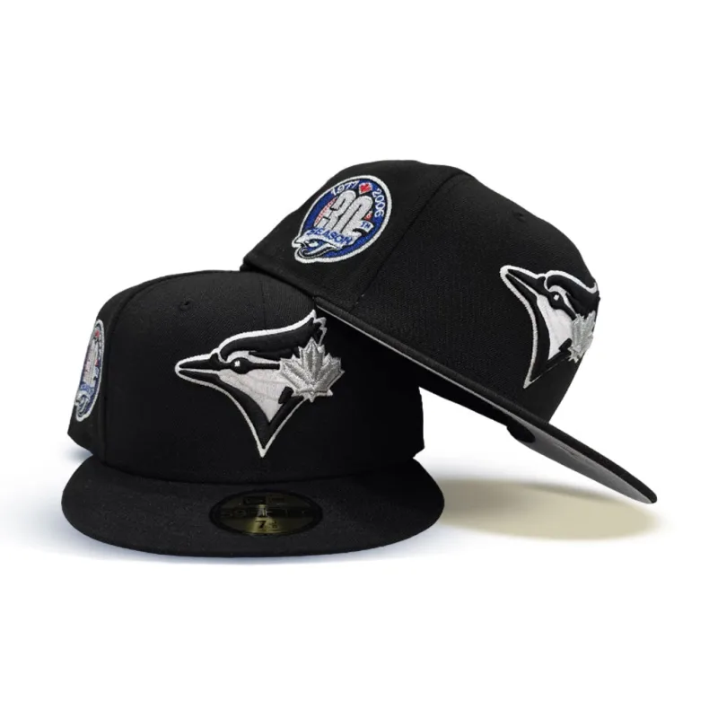 New Era Toronto Blue Jays fitted hat black, gray, blue colorway - Blue Jays Drop Clean Black Fitted with 30th Season Side Patch