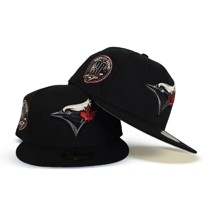 New Era Toronto Blue Jays fitted hat black, gray, red, blue colorway - Blue Jays Drop Clean Black Fitted with 30th Season Side Patch