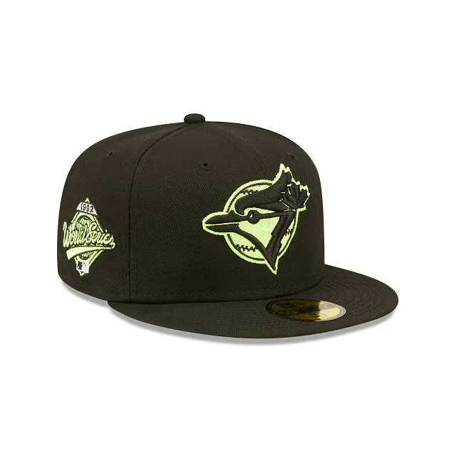 New Era Toronto Blue Jays fitted hat black, blue, green colorway - 1992 World Series Fitted: New Era’s Black Blue Jays Championship Tribute with Neon Green Snakeskin