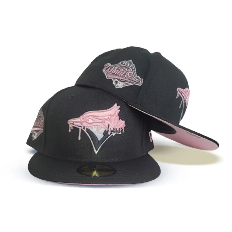 New Era Toronto Blue Jays fitted hat black, blue, pink colorway - 1992 World Series Fitted: New Era’s Paint Drip Blue Jays Championship Tribute