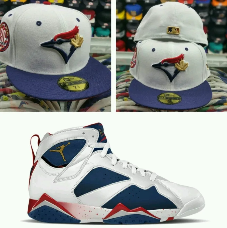 New Era Toronto Blue Jays fitted hat blue colorway - New Era Blue Jays Fitted Perfectly Matches Jordan 7 Olympic Tinker Alternate