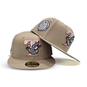 New Era Toronto Blue Jays fitted hat blue, pink, camel colorway - Blue Jays Drop Fire Camel Fitted with 30th Season Side Patch