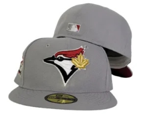 New Era Toronto Blue Jays fitted hat grey, blue, burgundy colorway - Anniversary Celebration Fitted: New Era’s Grey Blue Jays 10th Anniversary Side Patch 59FIFTY