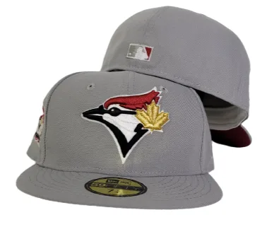 New Era Toronto Blue Jays fitted hat grey, blue, burgundy colorway - Anniversary Celebration Fitted: New Era’s Grey Blue Jays 10th Anniversary Side Patch 59FIFTY