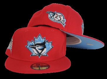 New Era Toronto Blue Jays fitted hat red, blue colorway - 25th Anniversary Fitted: New Era Honors Blue Jays Milestone with Icy Blue Bottom Drop