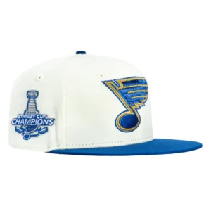 New Era St. Louis Blues fitted hat White, Royal colorway - Stanley Cup Champions Fitted: New Era Drops Blues 2019 Championship Tribute