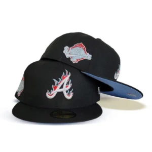New Era Atlanta Braves fitted hat black, blue colorway - 1995 World Series Fitted: New Era Drops Flame Pattern Braves Championship Tribute