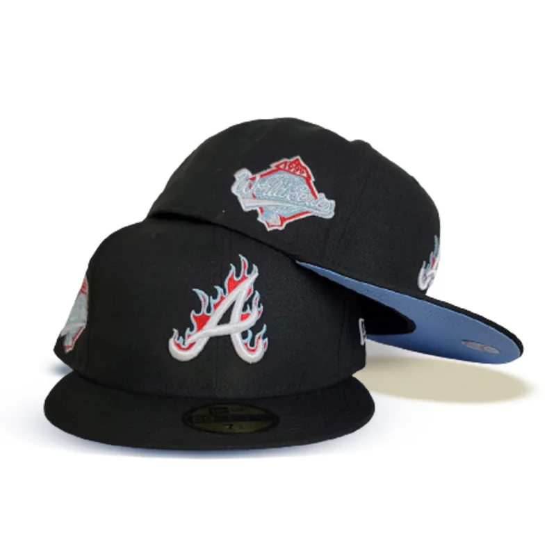 New Era Atlanta Braves fitted hat black, blue colorway - 1995 World Series Fitted: New Era Drops Flame Pattern Braves Championship Tribute