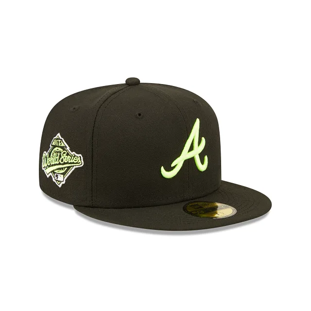 New Era Atlanta Braves fitted hat black, green, yellow colorway - 1995 World Series Fitted: New Era Drops Braves Championship Tribute with Bold Snakeskin Design