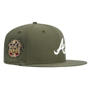 New Era Atlanta Braves fitted hat Olive, Ivory colorway - World Series Champions Fitted: New Era Drops Olive Braves 2021 Championship Hat