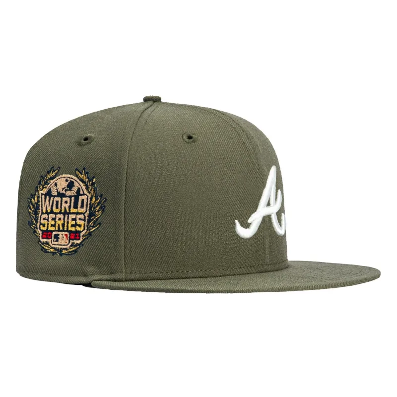 New Era Atlanta Braves fitted hat Olive, Ivory colorway - World Series Champions Fitted: New Era Drops Olive Braves 2021 Championship Hat