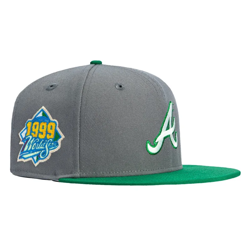 New Era Atlanta Braves fitted hat Storm Grey, Kelly colorway - 1999 World Series Fitted: New Era Monstera Pack Braves Championship Hat Drops in Storm Grey