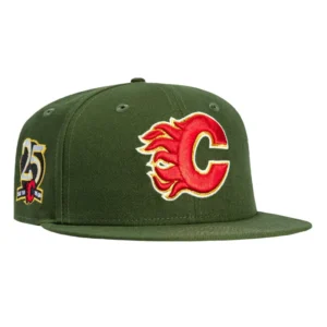 New Era Calgary Flames fitted hat Olive colorway - Quarter Century Fitted: New Era Celebrates Calgary Flames 25th Anniversary in Olive